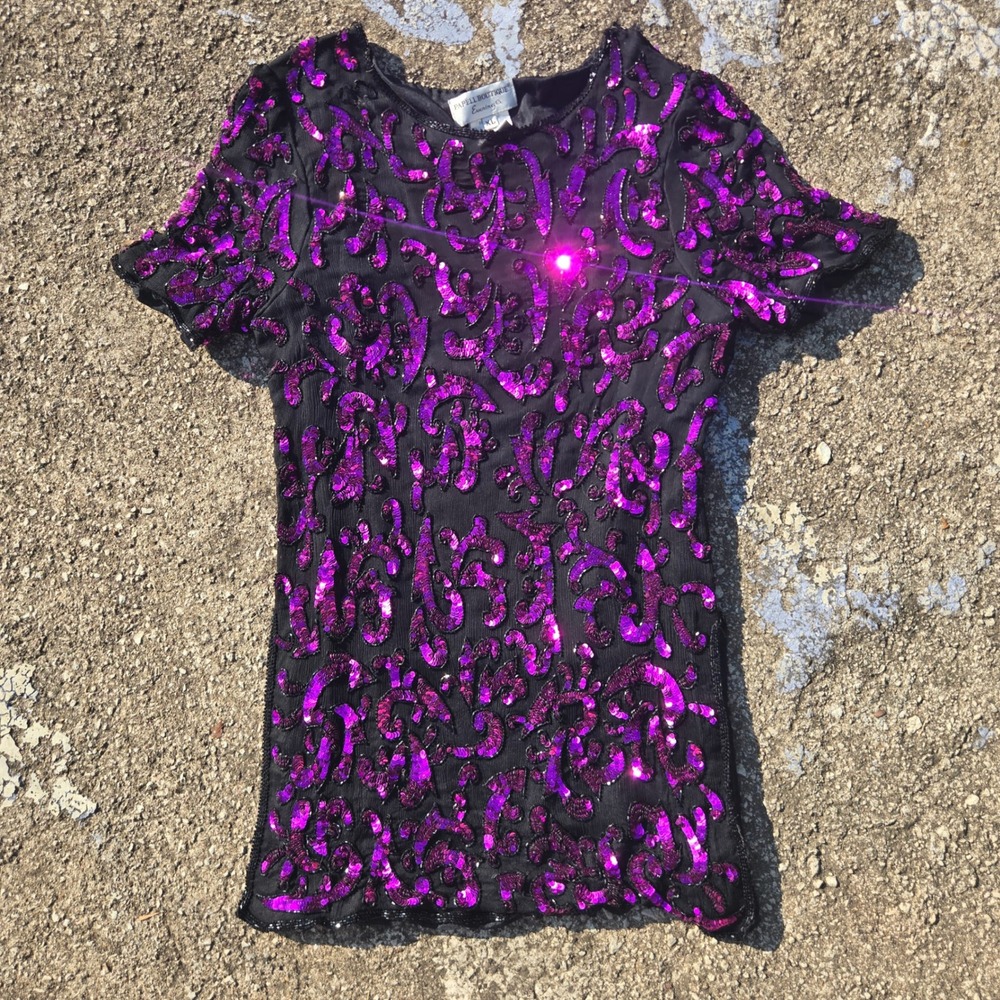 Papell Boutique Evening Vintage 80s Silk Sequin tunic Blouse Purple Black XL